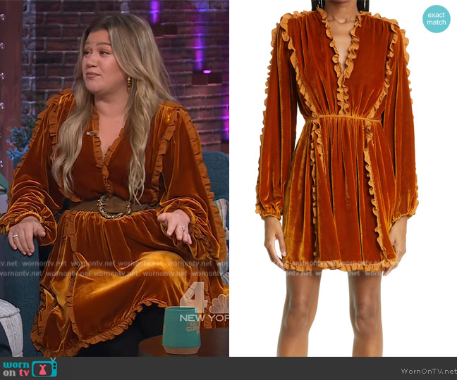Ulla Johnson Erika Long Sleeve Ruffle Velvet Dress worn by Kelly Clarkson on The Kelly Clarkson Show