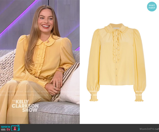 Ulla Johnson Philipa Ruffled Silk Blouse worn by Margot Robbie on The Kelly Clarkson Show