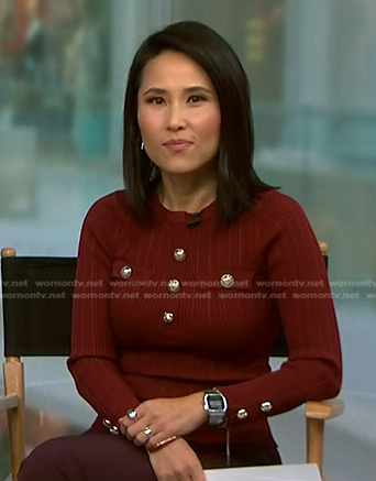 Vicky's red ribbed button detail top on NBC News Daily