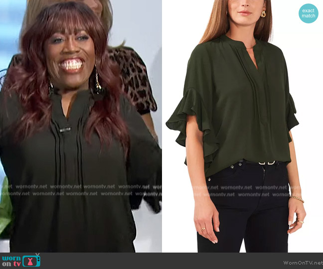 Vince Camuto Ruffle Sleeve Henley Blouse worn by Sheryl Underwood on The Talk