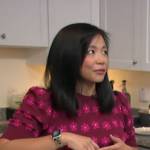Weijia Jiang’s purple and pink flower print sweater on CBS Mornings