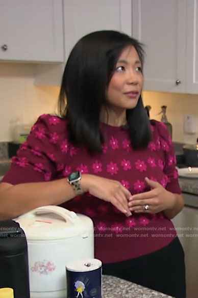 Weijia Jiang's purple and pink flower print sweater on CBS Mornings