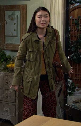 Wendy's green utility jacket and floral pants on Days of our Lives