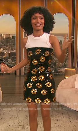 Yara Shahidi's black floral sequin mini dress on The Drew Barrymore Show