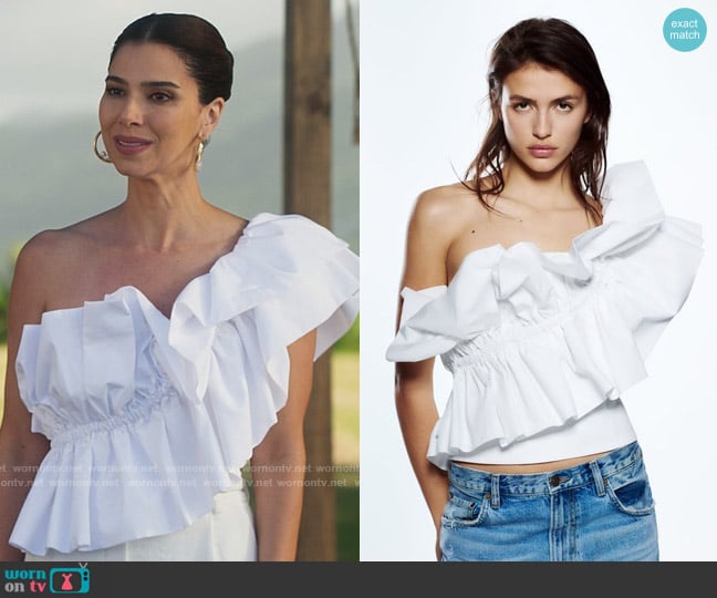 Zara Poplin Top with Ruffles worn by Elena Roarke (Roselyn Sanchez) on Fantasy Island