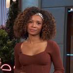 Zuri’s brown ribbed top on Access Hollywood