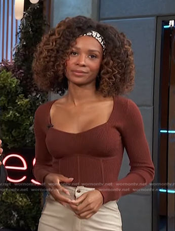 Zuri’s brown ribbed top on Access Hollywood