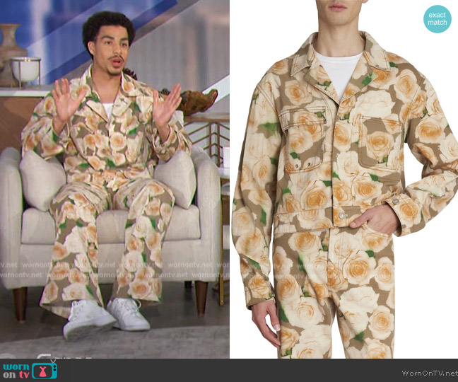 Acne Studios Opah Rose Print Denim Jacket and pants worn by Marcus Scribner on The Talk