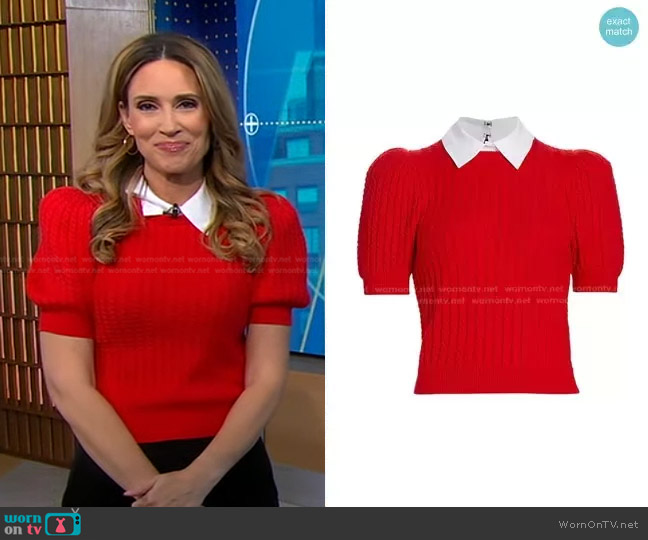 Alice + Olivia Chase Cable-Knit Puff-Sleeve Sweater in Perfect Ruby White worn by Rhiannon Ally on Good Morning America