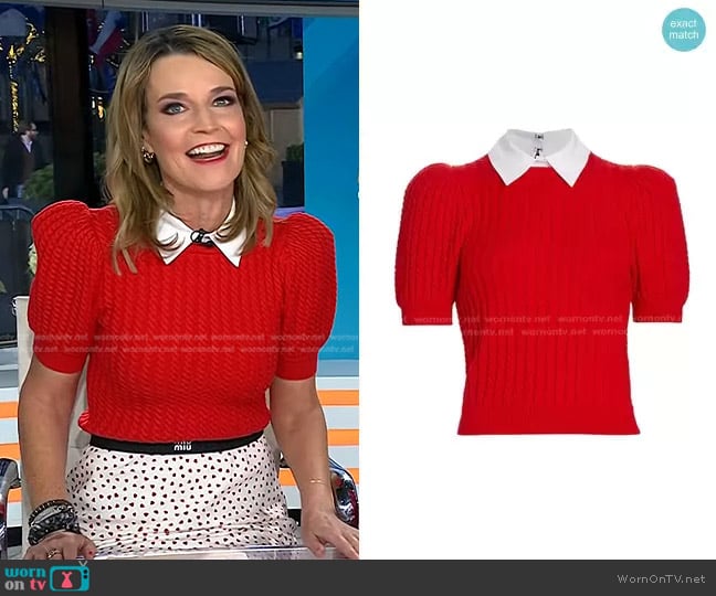 Alice + Olivia Chase Cable-Knit Puff-Sleeve Sweater in Perfect Ruby White worn by Savannah Guthrie on Today