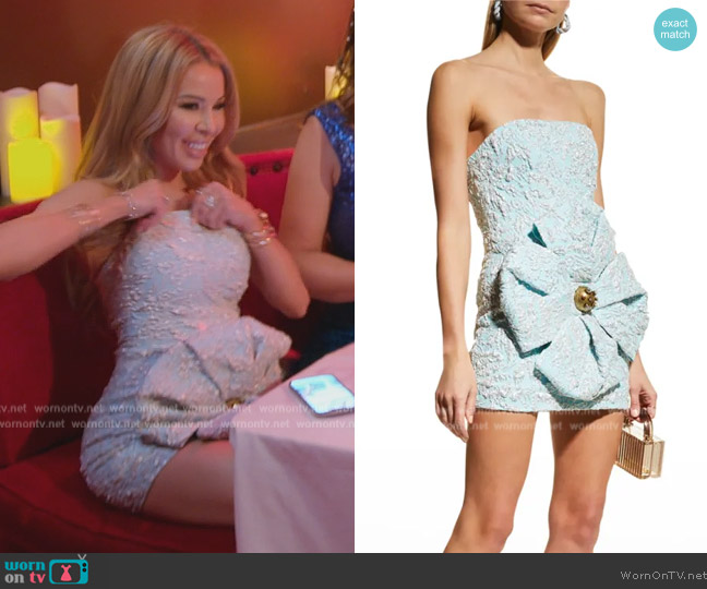 Area Rosette Bow Front-Metallic Brocade Strapless Mini Dress worn by Lisa Hochstein (Lisa Hochstein) on The Real Housewives of Miami