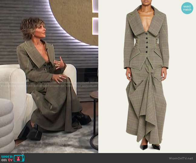 Christopher John Rogers Prince of Wales Cowl Collar Fitted Jacket and Skirt worn by Lisa Rinna on E! News