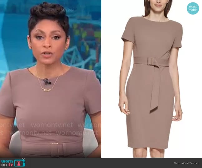 Calvin Klein Short-Sleeve Belted Sheath Dress in Cocoa worn by Jericka Duncan on CBS Mornings