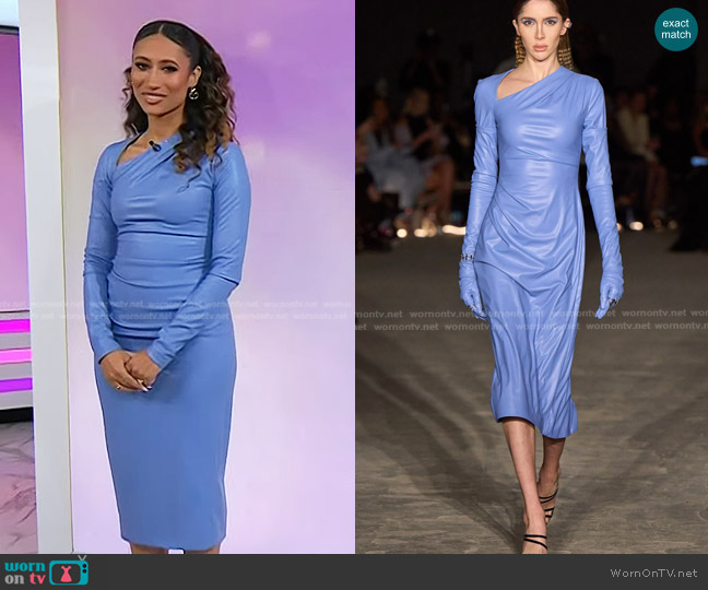 Christian Siriano Periwinkle Vegan Leather Asymmetrical Neckline Dress worn by Elaine Welteroth on Today
