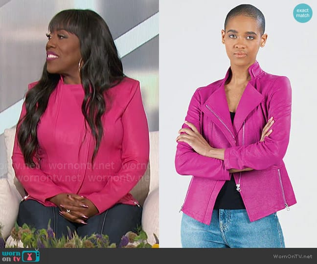 Clara Sunwoo Liquid Leather Signature Jacket - Magenta worn by Sheryl Underwood on The Talk