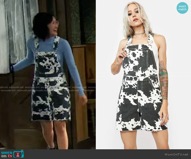 Dolls Kill x Momokrom Cow Print Loose Fit Shortalls worn by Megan (Grace Lu) on Bunkd