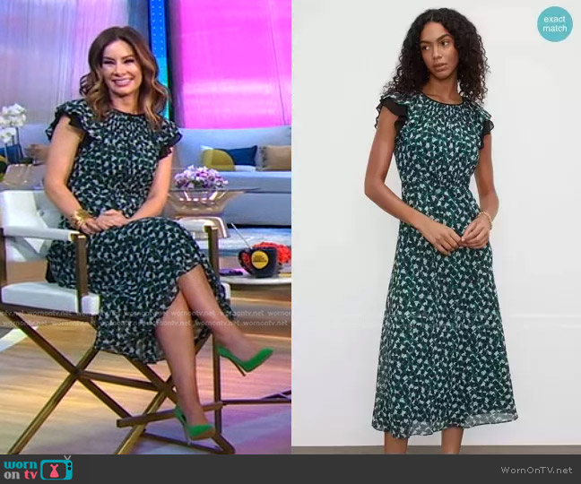 Drape Flutter Sleeve Printed Maxi Dress by Club Monaco worn by Rebecca Jarvis on Good Morning America