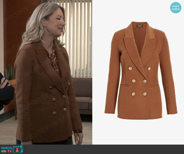Express Hand Sewn Wool-Blend Double Breasted Novelty Button Blazer in Dachshund worn by Nina Reeves (Cynthia Watros) on General Hospital
