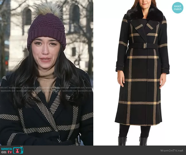 Vince Camuto Faux-Fur-Collar Plaid Maxi Wrap Coat in Black worn by Emilie Ikeda on Today