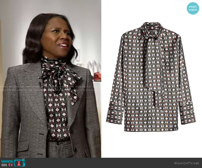 Fendi Satin Tie Neck Blouse worn by Deborah Roberts on Good Morning America