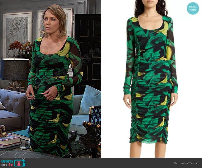 Ganni Ruched Scoop Neck Long Sleeve Stretch Midi Dress worn by Nicole Walker (Arianne Zucker) on Days of our Lives