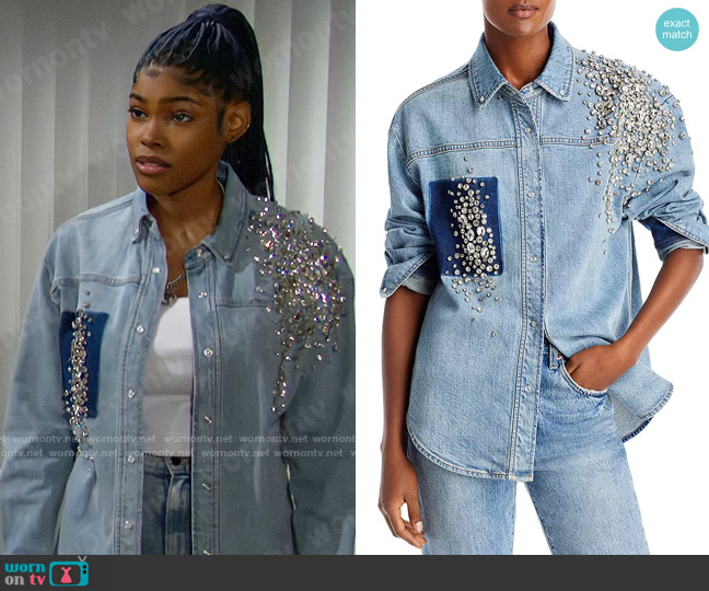 Hellessy Holt Embellished Denim Shirt worn by Paris Buckingham (Diamond White) on The Bold and the Beautiful