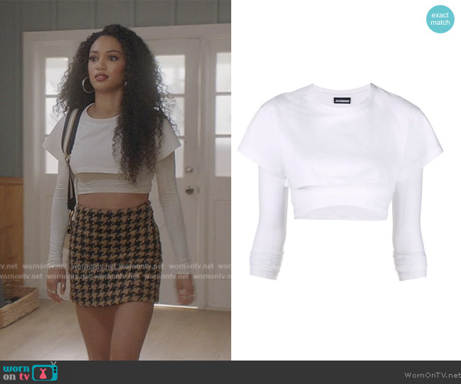 Jacquemus Le Double cropped layered T-shirt worn by Olivia Baker (Samantha Logan) on All American