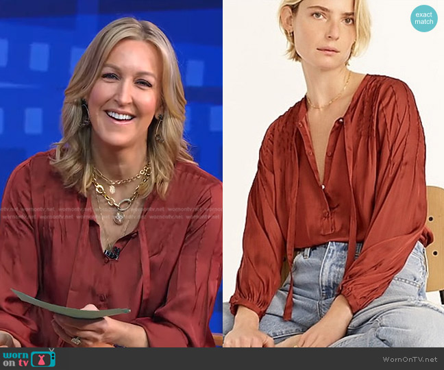 J. Crew Featherweight Satin Tie-Neck Top worn by Lara Spencer on Good Morning America