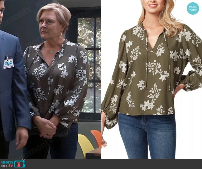 Jessica Simpson Ruby Floral Balloon-Sleeve Top in Grape Leaf worn by Carolyn Webber (Denise Crosby) on General Hospital