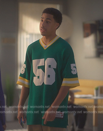 Junior’s green 56 embroidered jersey on Grown-ish
