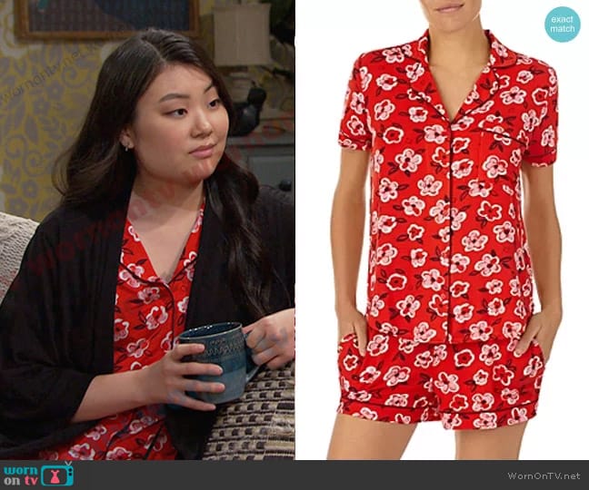 Kate Spade Printed Short Pajama Set worn by Wendy Shin (Victoria Grace) on Days of our Lives