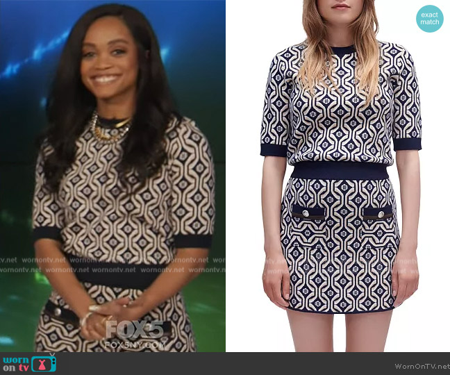 Maje Jacquard Knit Pullover and Skirt worn by Rachel Lindsay on Extra
