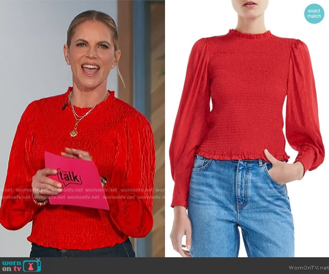 Maje Limine Smocked & Tonal Animal-Print Top worn by Natalie Morales on The Talk