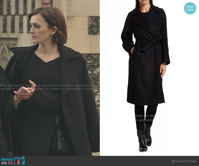 Max Mara Manuela Belted Camel Hair Coat, Black worn by Kate (Charlotte Ritchie) on You