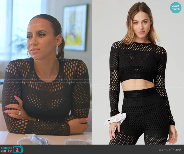 Alo Yoga Mesh Haute Summer Long Sleeve in Black worn by (Zana) on The Real Housewives of Miami