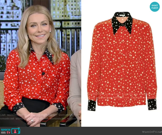 Miu Miu Printed silk crepe de chine shirt worn by Kelly Ripa on Live with Kelly and Mark