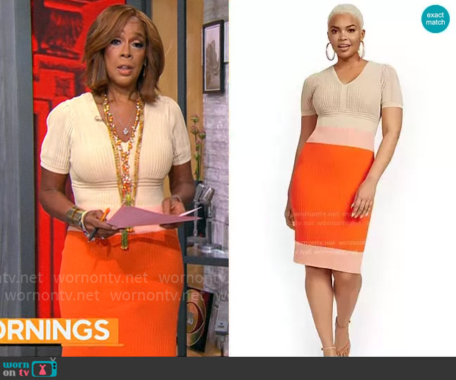 New York & Company Mixed Media Colorblock Sweater Dress worn by Gayle King on CBS Mornings