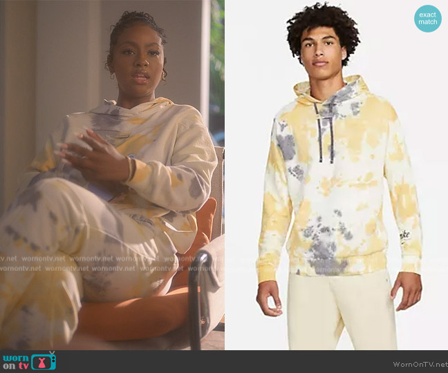 Nike Seasonal Classics acid wash fleece hoodie in cream worn by Annika (Justine Skye) on Grown-ish