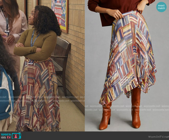 Ranna Gill Pleated Printed Midi Skirt worn by Janine Teagues (Quinta Brunson) on Abbott Elementary