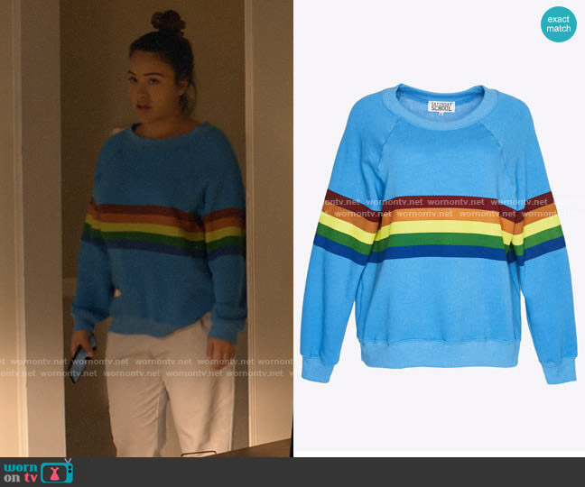Saturday School Todays Hits & Yesterdays Favorites Rainbow Sweatshirt worn by Nell Serrano (Gina Rodriguez) on Not Dead Yet