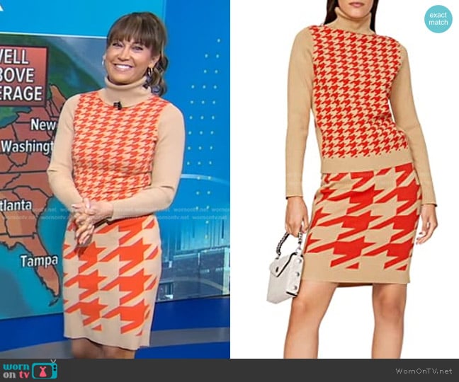 Toccin Houndstooth Morgan Turtleneck Sweater and Skirt worn by Ginger Zee on Good Morning America