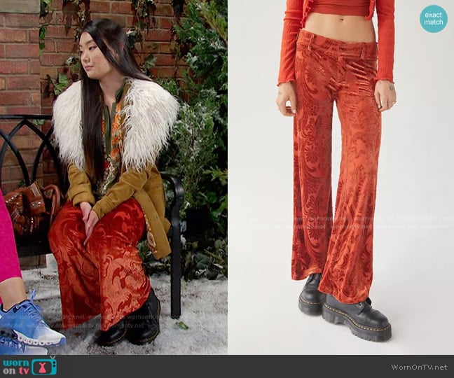 Urban Outfitters Isla Velvet Burnout Flare Pant worn by Wendy Shin (Victoria Grace) on Days of our Lives