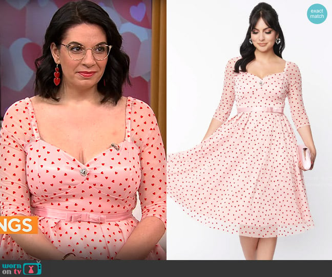 Unique Vintage Pink & Red Hearts Lamar Swing Dress worn by Maria Avgitidis on CBS Mornings