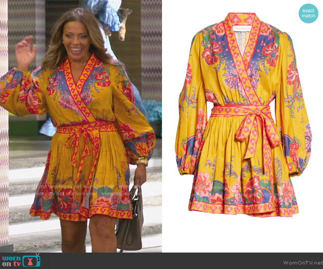 Zimmermann Paisley Floral Long Sleeve Linen Wrap Minidress worn by Dolores Catania on The Real Housewives of New Jersey