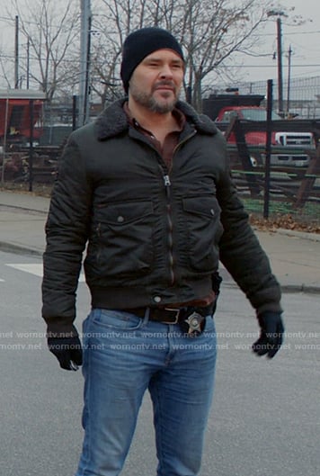 Adam's black jacket with sherpa collar on Chicago PD