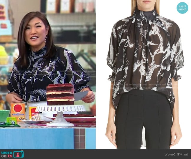 Adam Lippes Horse Print Pebble Chiffon Blouse worn by Juju Chang on Good Morning America