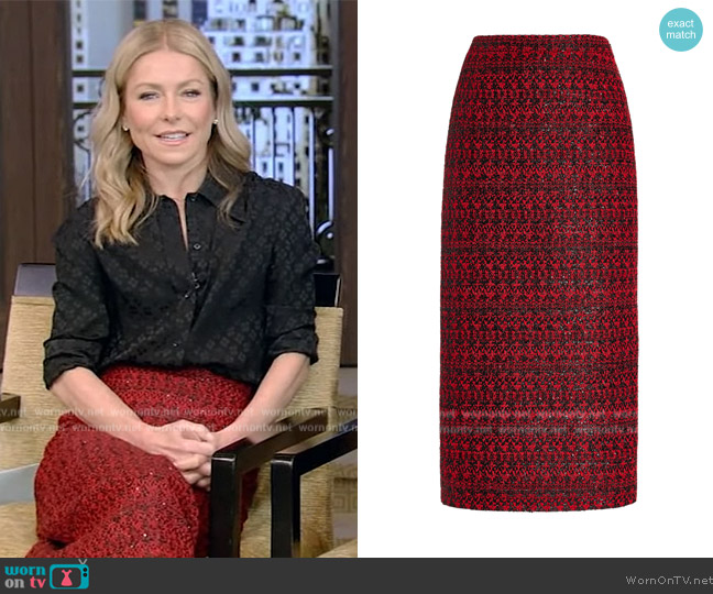 Alessandra Rich Sequined Tweed Midi Skirt worn by Kelly Ripa on Live with Kelly and Mark