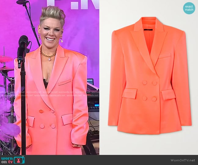 Alex Perry Wells Double-Breasted Satin Blazer in Coral worn by Pink on Today