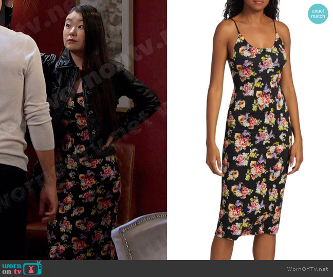 Alice + Olivia Delora Fitted Floral Midi Dress worn by Wendy Shin (Victoria Grace) on Days of our Lives