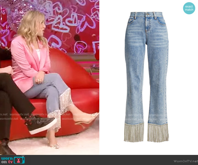  Amazing Boyfriend Fringe-Trim Jeans Alice + Olivia worn by Jenny Mollen on Live with Kelly and Ryan